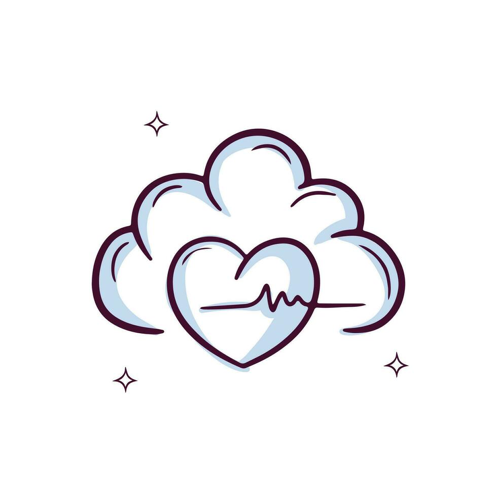 Hand Drawn Cloud Icon With Heart Beat Pulse. Doodle Sketch Vector Illustration