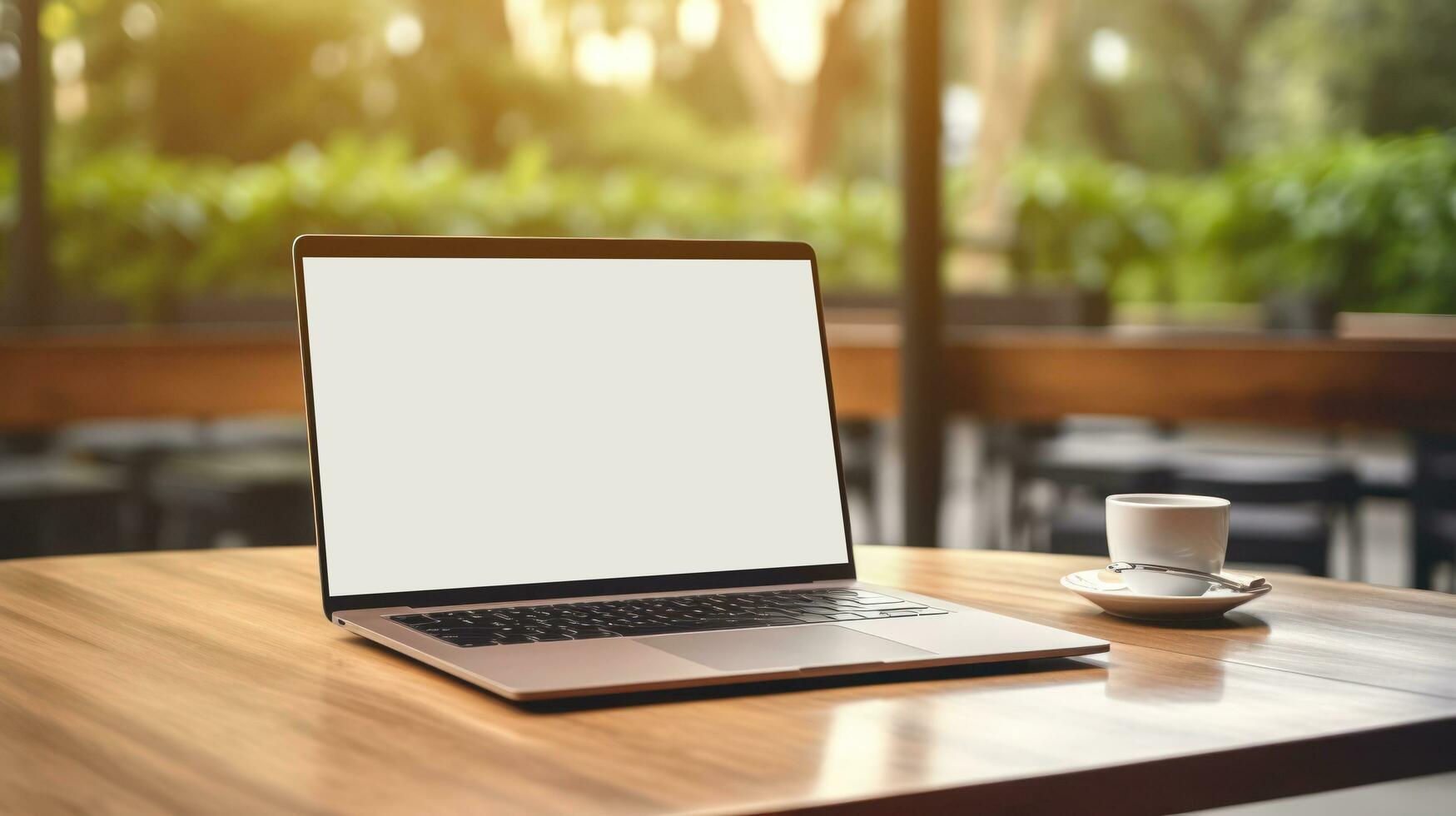 Natural background with laptop with empty screen photo