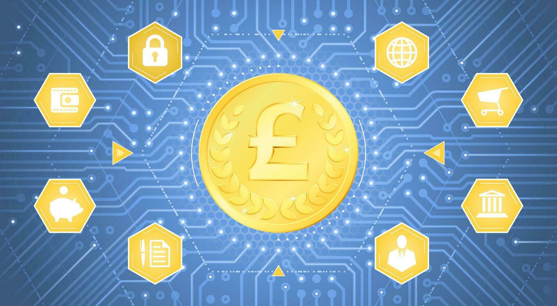 Digital Pound Sterling. A metallic coin with the Pound Sterling symbol on it in electronic cyberspace. Graphic composition on the theme of Digital Currencies. vector