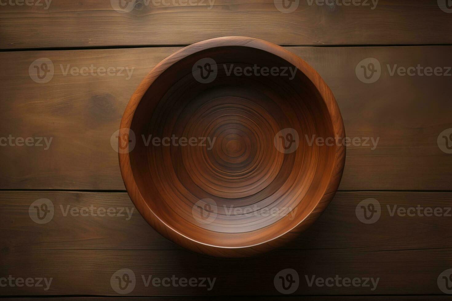 Empty wooden bowl on wooden background. Top view. Copy space. ai generative photo