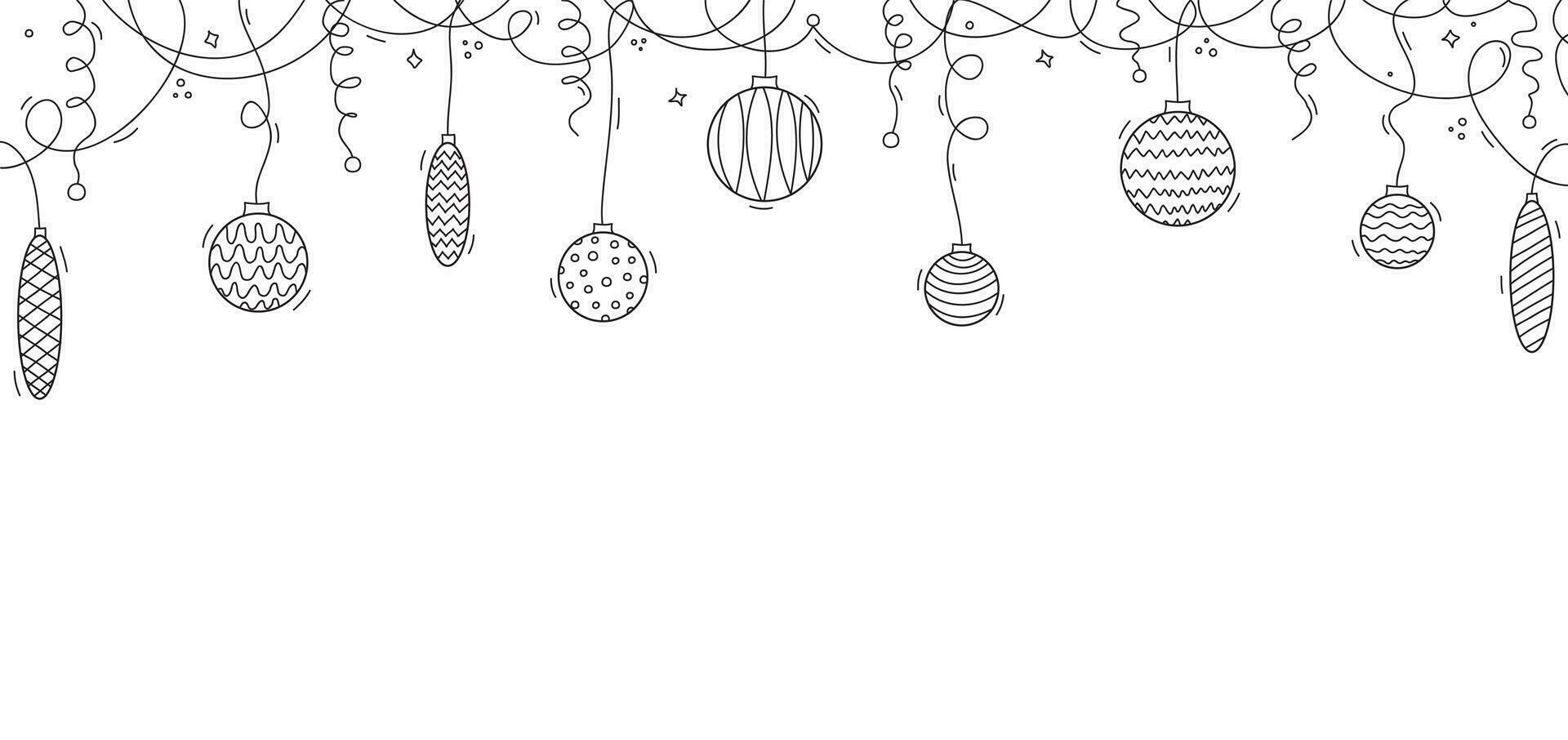 Hand drawn illustration with Christmas balls hanging with ribbons on white background. Set of hand drawn christmas elements. Doodle christmas banner. vector