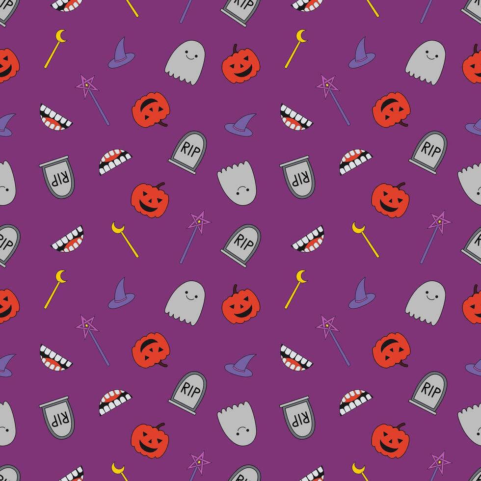 Seamless pattern of a Cute Halloween theme with pumpkin, ghost, Magic wand, Wizard wand, tombstone, Smile on Purple background, Vector for fabric, wrapping, wallpaper, textile