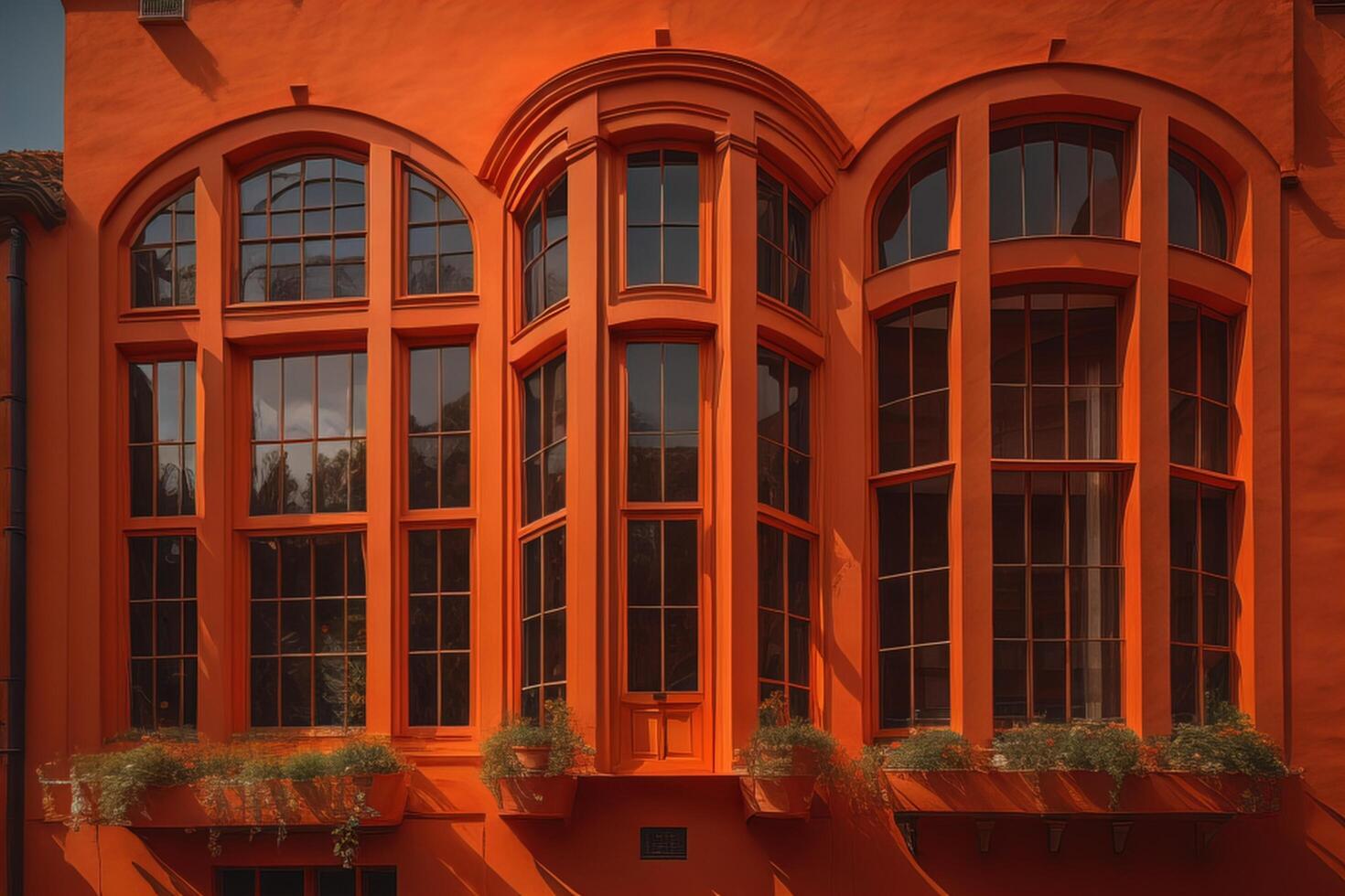 Beautiful windows of a building with orange walls and green plants. photo