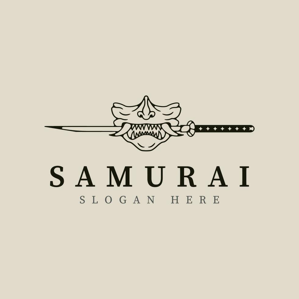 samurai mask and katana sword line art logo vector illustration template design.