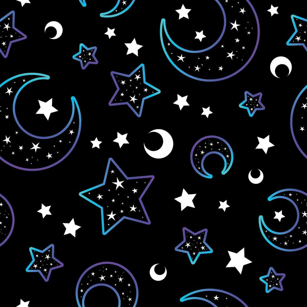 Mystical bright neon pattern with moon and stars vector