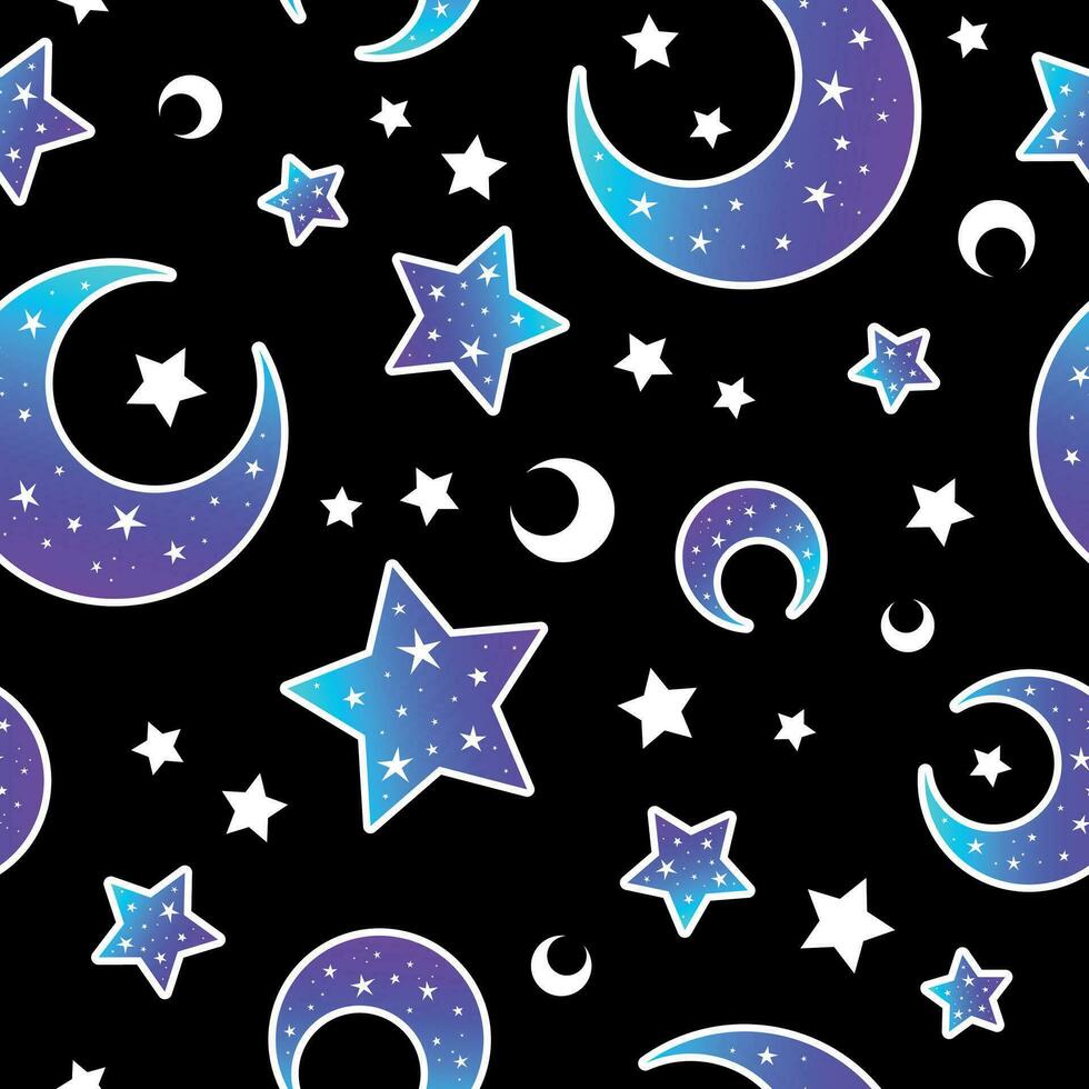 Mystical bright neon pattern with moon and stars vector