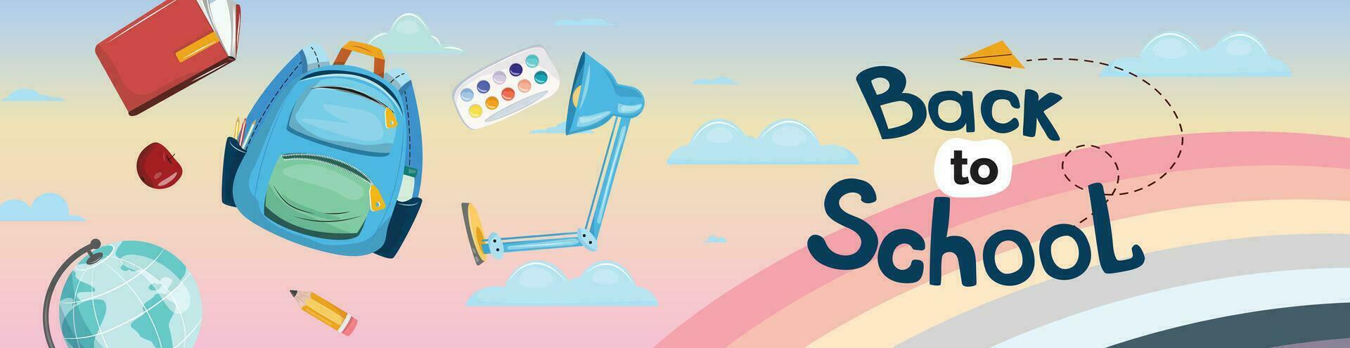 Blue sky illustration with rainbow and school supplies. Back to school banner vector