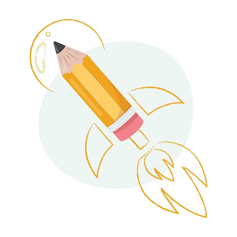 Yellow flying rocket pencil. School supplies vector