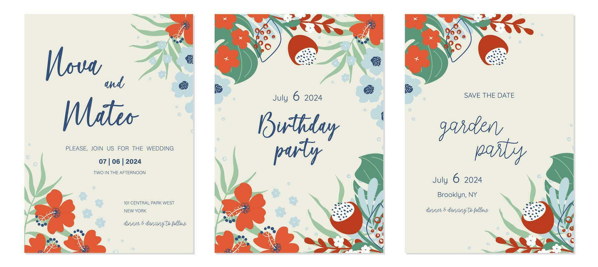 Set of floral invitation cards. Beautiful compositions with tropical flowers and leaves. Photo frame templates. Hand drawn vector illustrations.