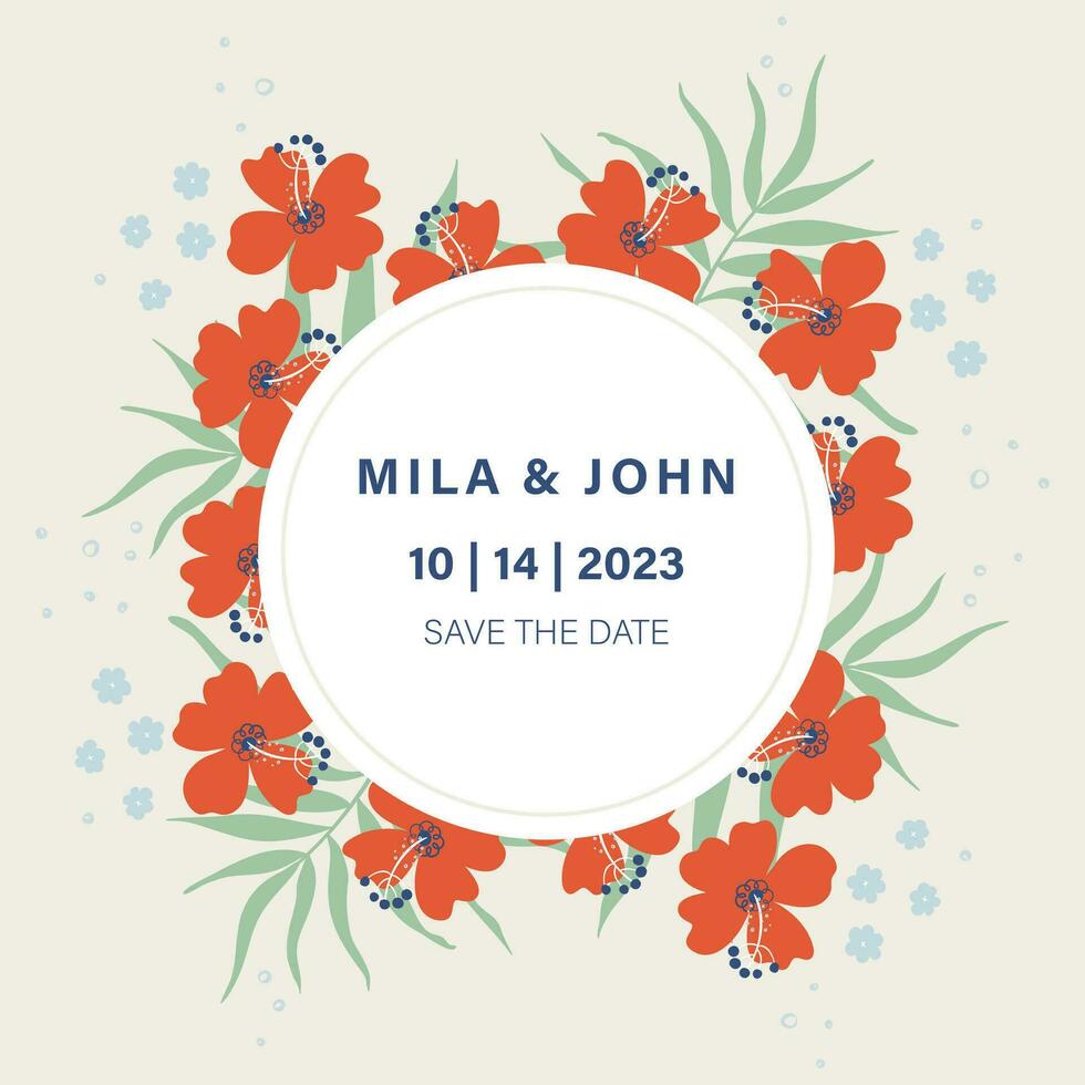 Boda invitación modelo con rojo flores tropical plantas fondo, invitar, gracias usted tarjeta, rsvp moderno tarjeta diseño. mano dibujado vector ilustración.