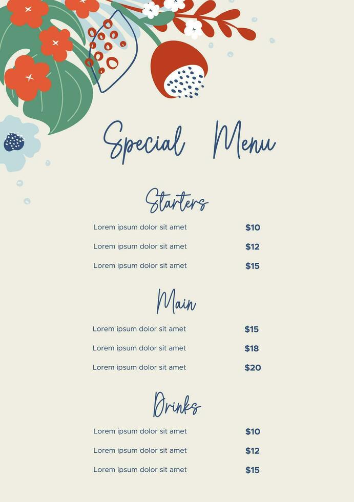 Elegant restaurant menu template. Beautiful background with tropical plants. Perfect for Spring or Summer wedding, birthday party and baby shower menu. Hand drawn vector illustration.