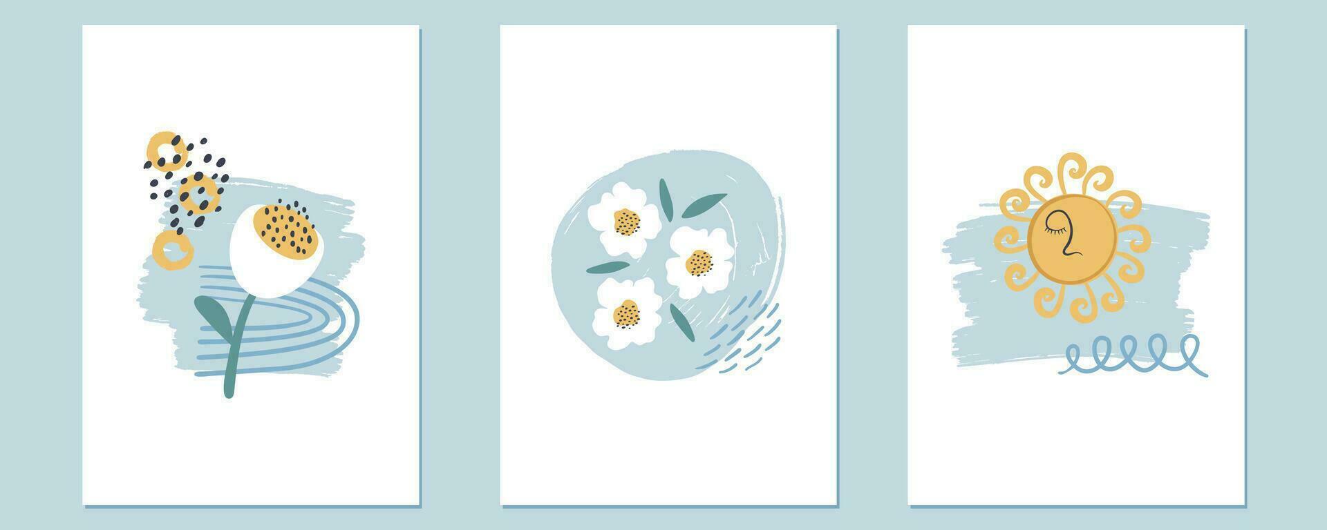 Set of creative minimalistic abstract posters. Hand drawn vector illustrations with the Sun, flowers, and decorative elements. Boho aesthetic compositions. For card, poster, cover design.