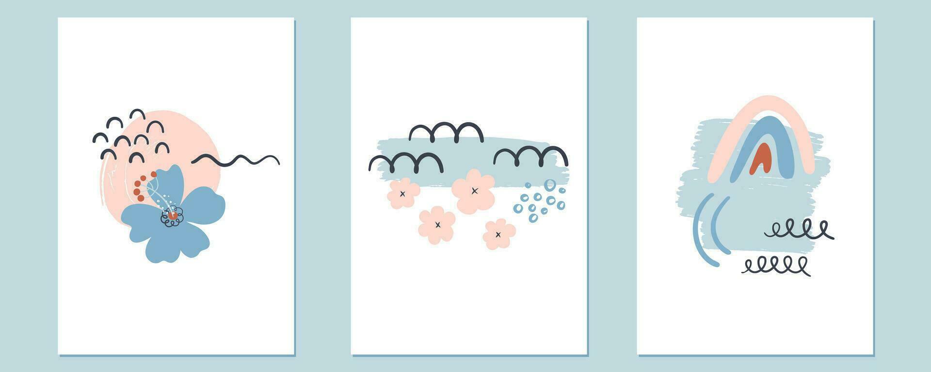 boho estético composiciones conjunto de creativo minimalista resumen carteles mano dibujado vector ilustraciones con flores, arco iris y decorativo elementos. para tarjeta, póster, cubrir diseño.