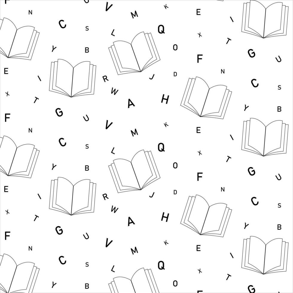 sin costura modelo abierto libros y letras. en dibujos animados estilo.para fondo de pantalla, textil, envase papel fondo, ciencia. libros en garabatear estilo, minimalismo, monocromo, bosquejo. vector ilustración