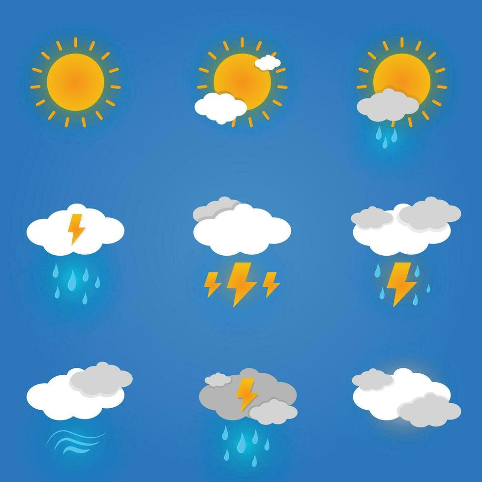 Cute weather cartoon style icons collection set, sticker weather icons isolated on blue gradient background vector