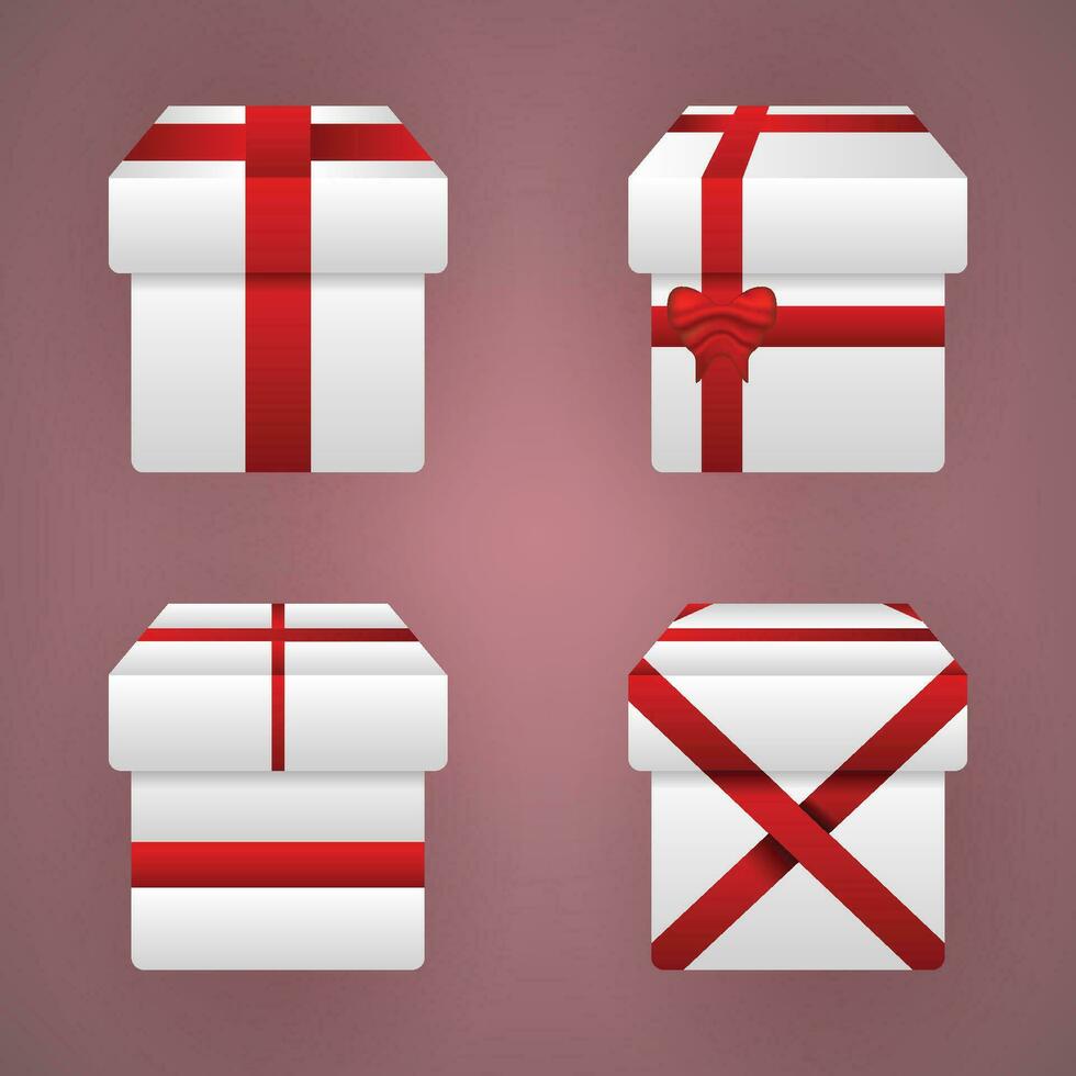 Set of white gift boxes with red ribbon on gradient background, vector illustration