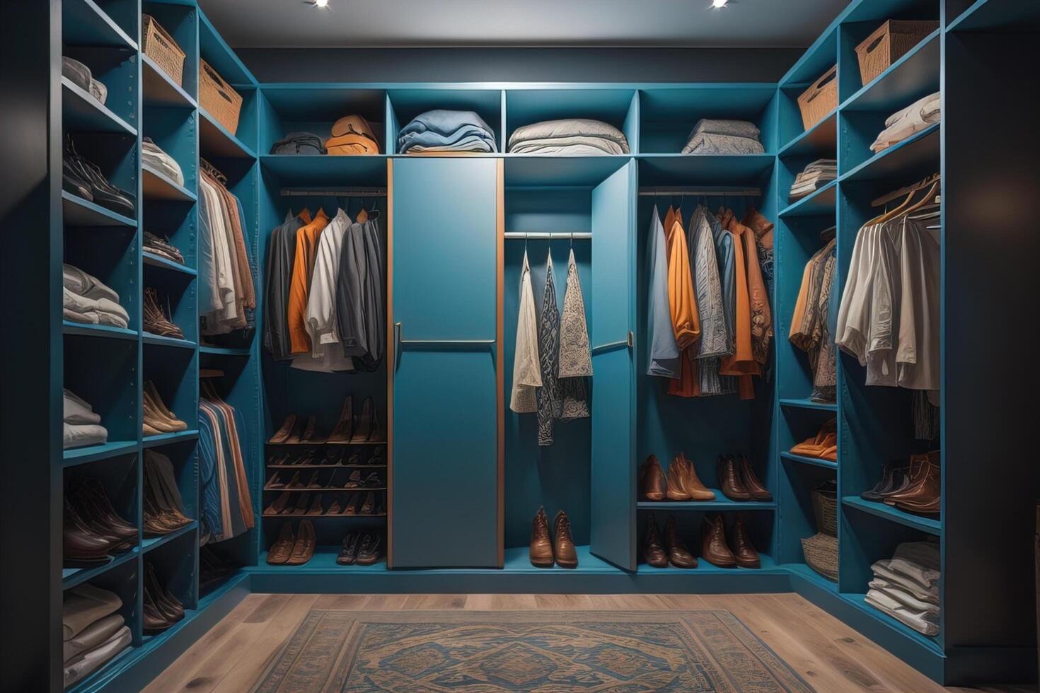 Closet with clothes and shoes in modern dressing room. photo