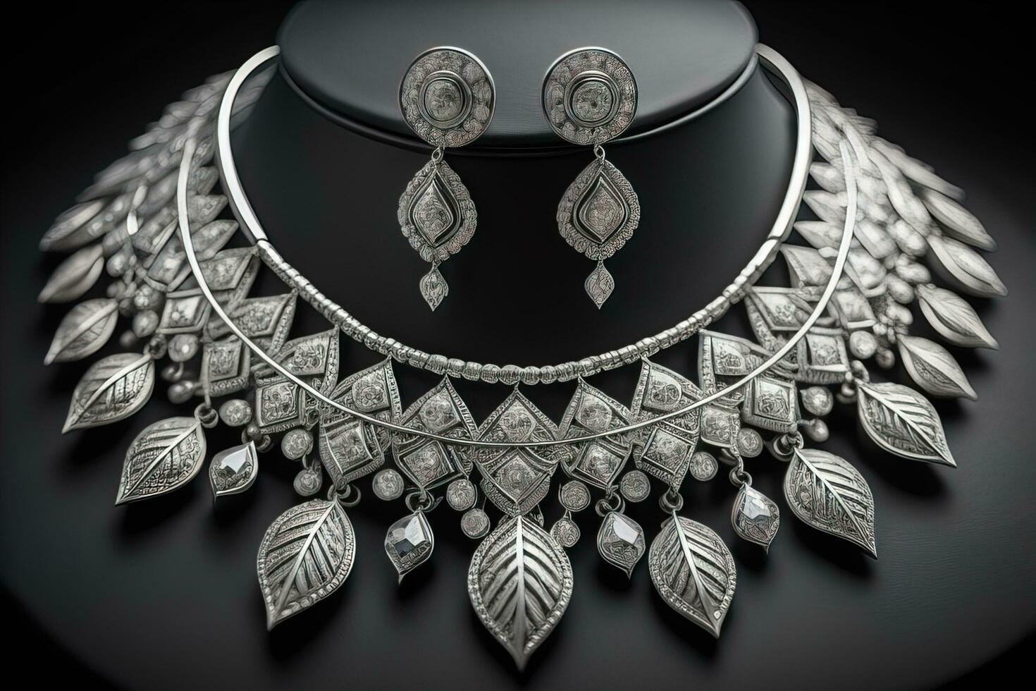Silver necklace on a solid color background in close-up. ai generative photo