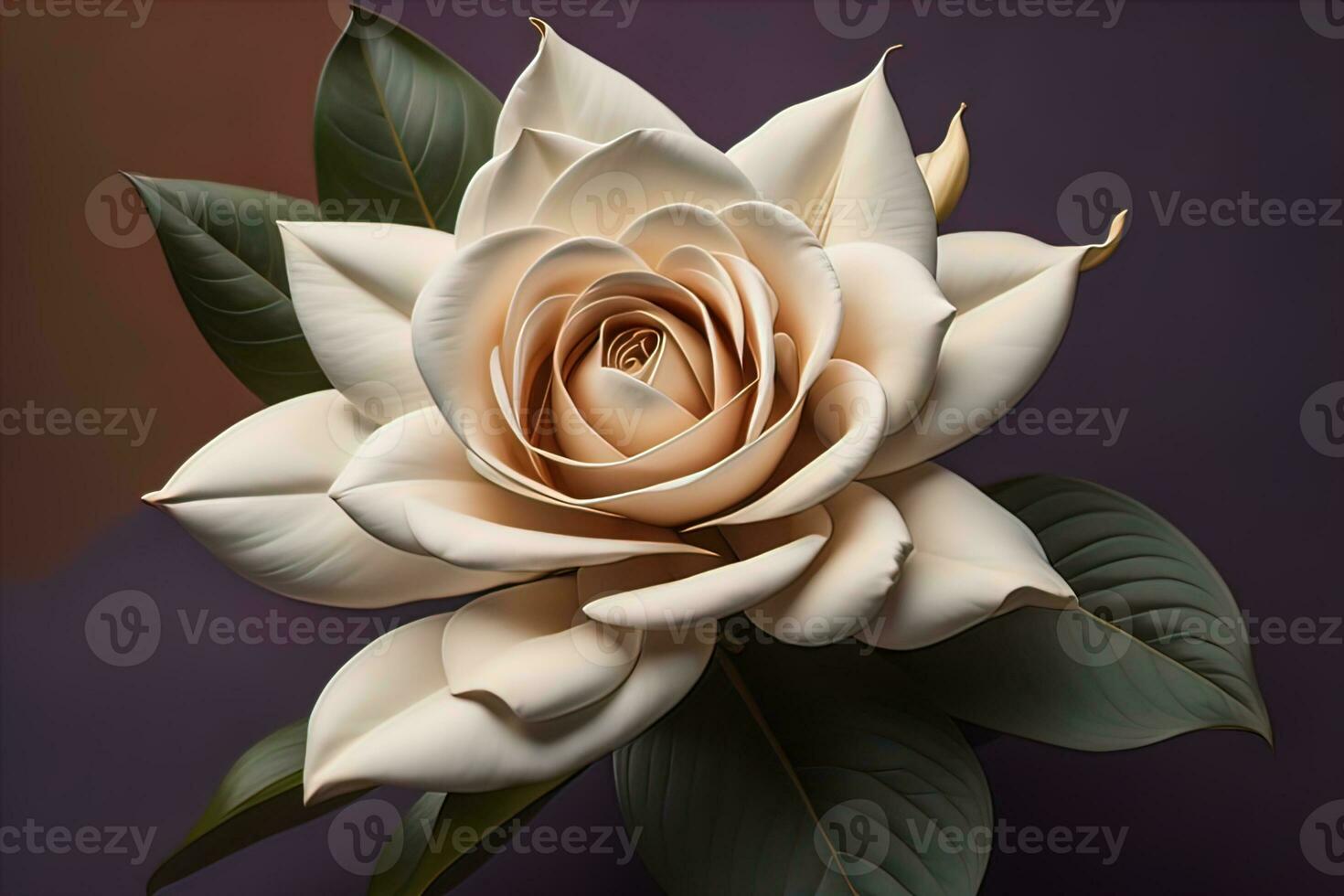 White rose with green leaves on a solid color background, top view. ai generative photo
