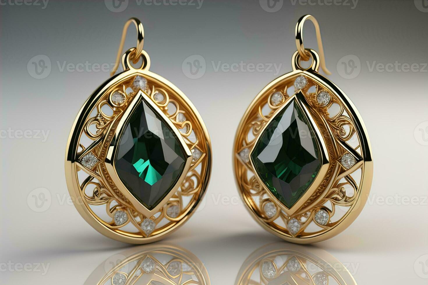 Earrings made of gold on a solid color background close up. ai generative photo