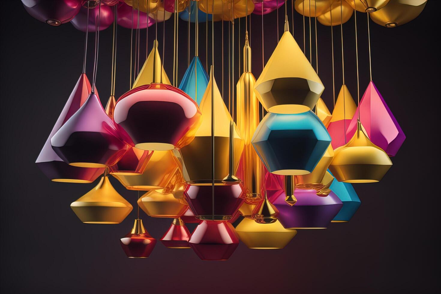 many colorful christmas balls hanging from the ceiling. photo
