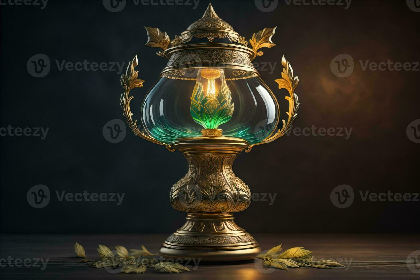 Lantern on a wooden table and a dark background. ai generative photo