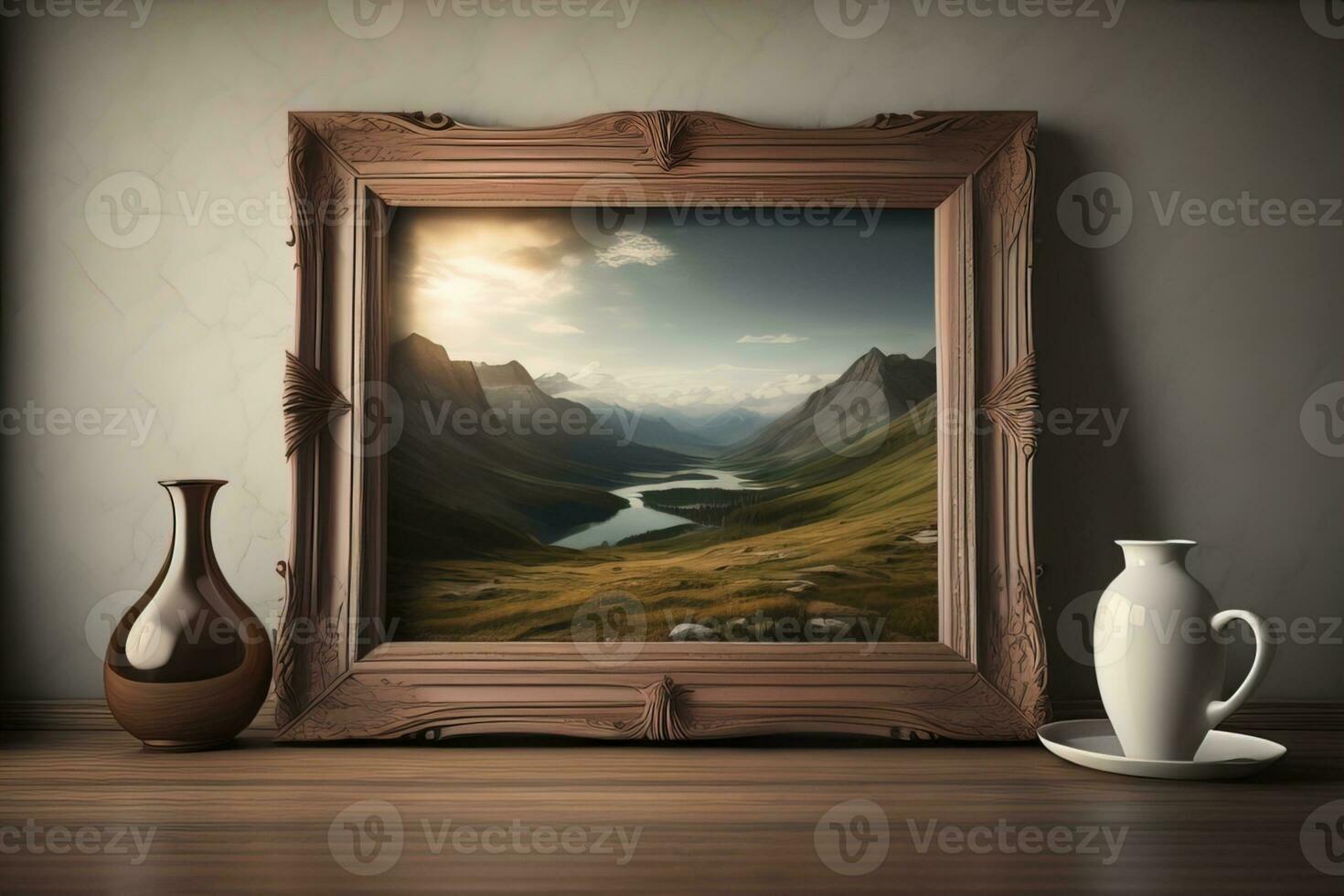 Wooden picture frame on the table. ai generative photo