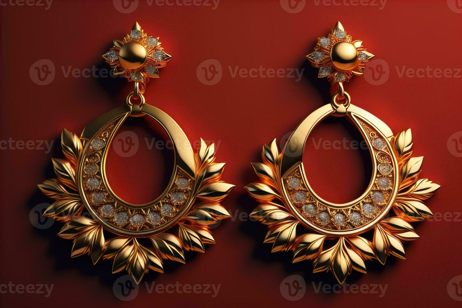 Earrings made of gold on a solid color background close up. ai generative photo