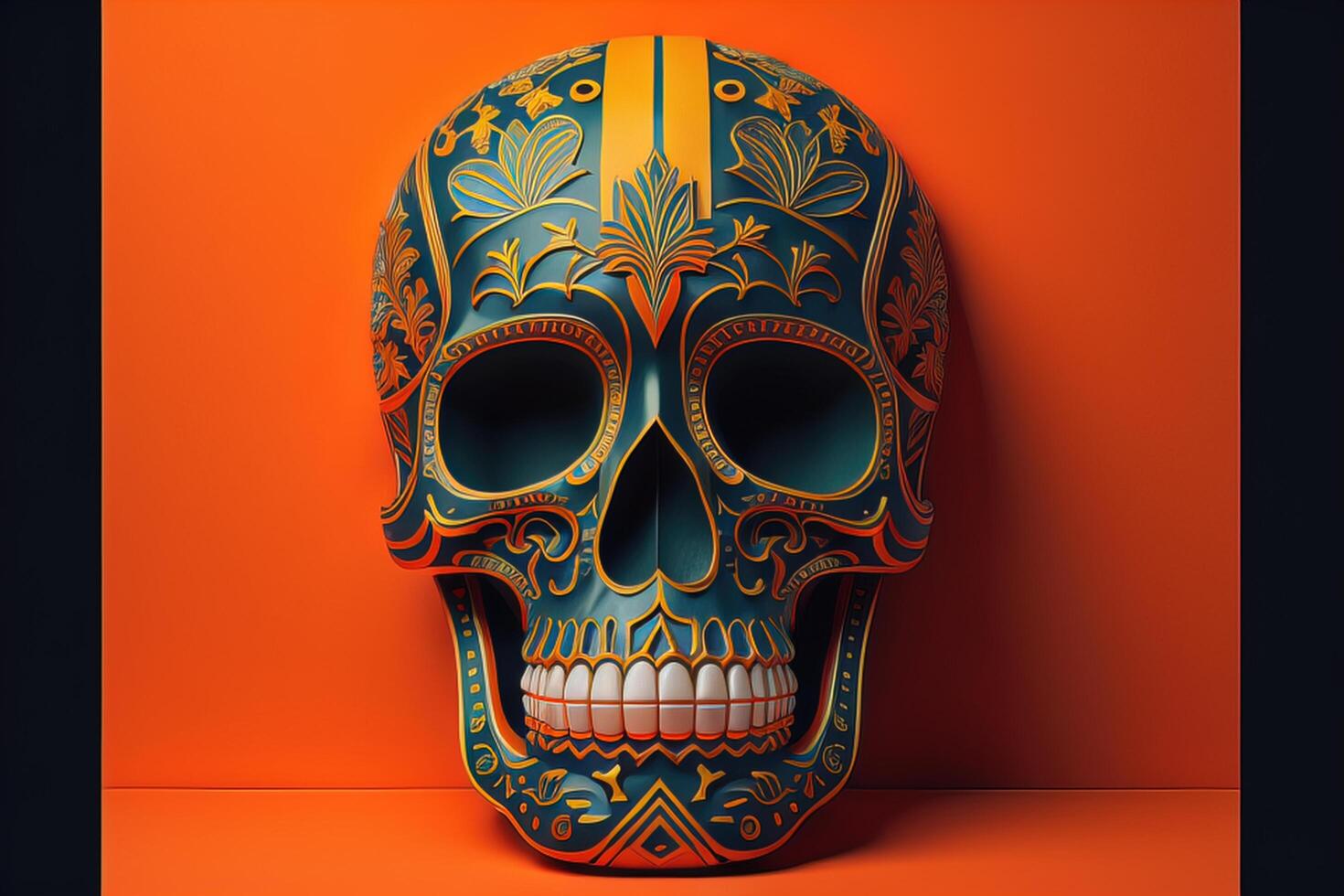 Mexican skull on orange background. Day of the Dead concept. generative ai photo