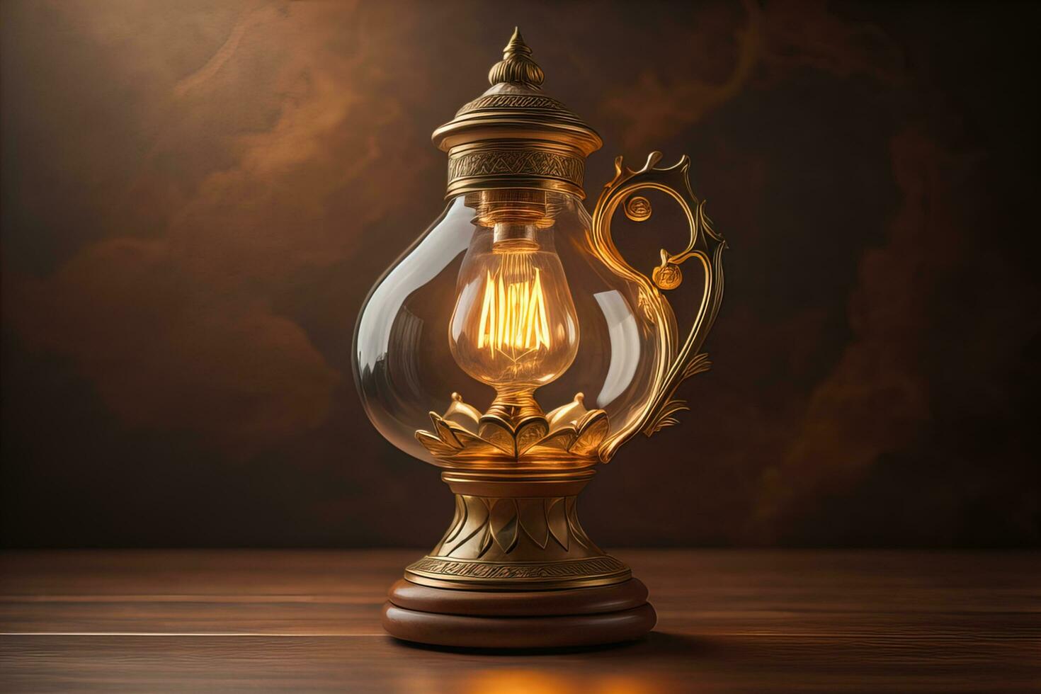 Lantern on a wooden table and a dark background. ai generative photo