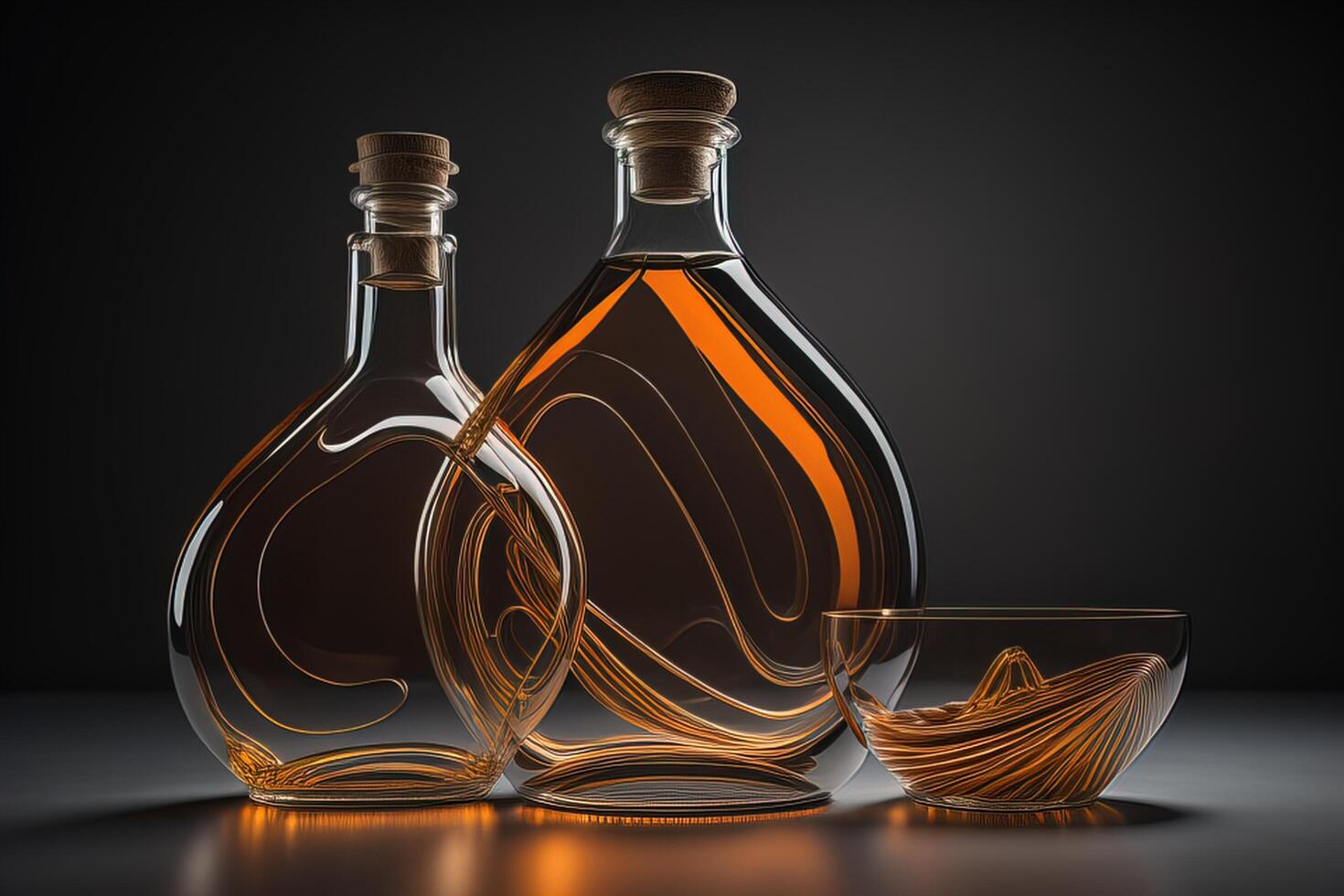 Two bottles of cognac or brandy on dark background. photo