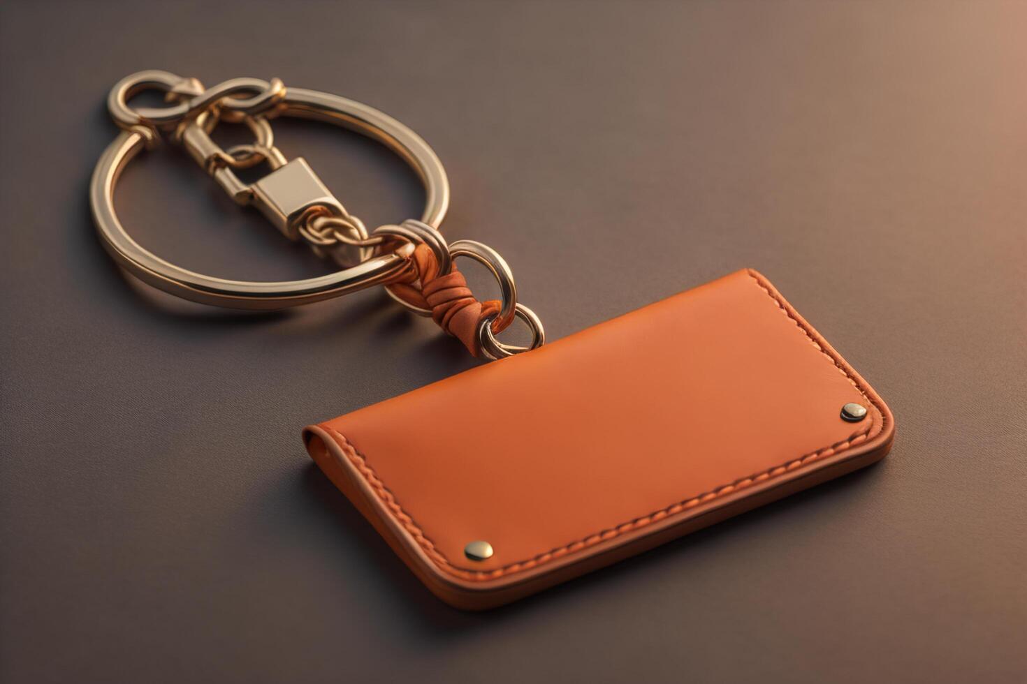Leather keychain on dark background with copy space. photo
