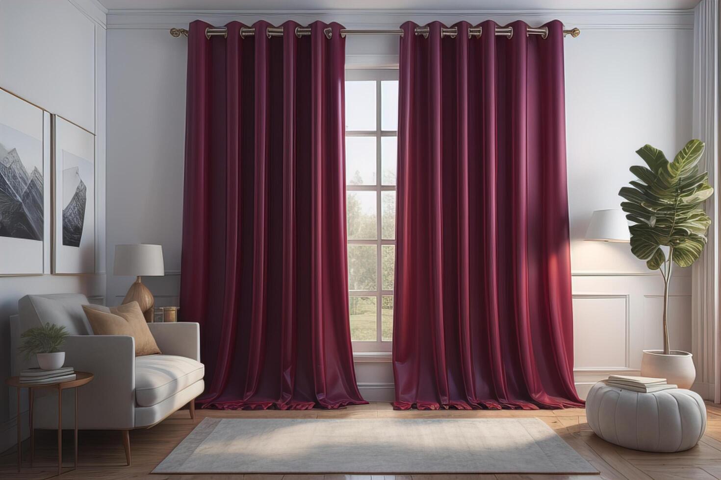 Interior of living room with white walls, carpet, armchair and window with curtains. photo