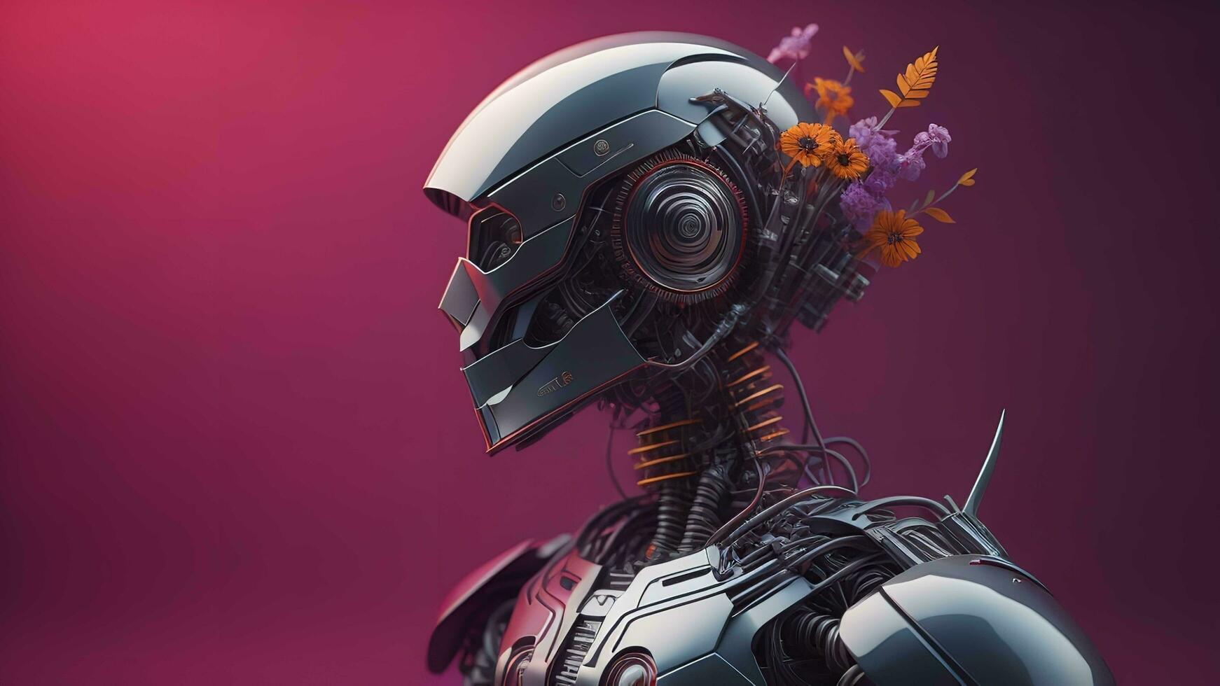 a female robot with a bouquet of flowers. generative ai photo