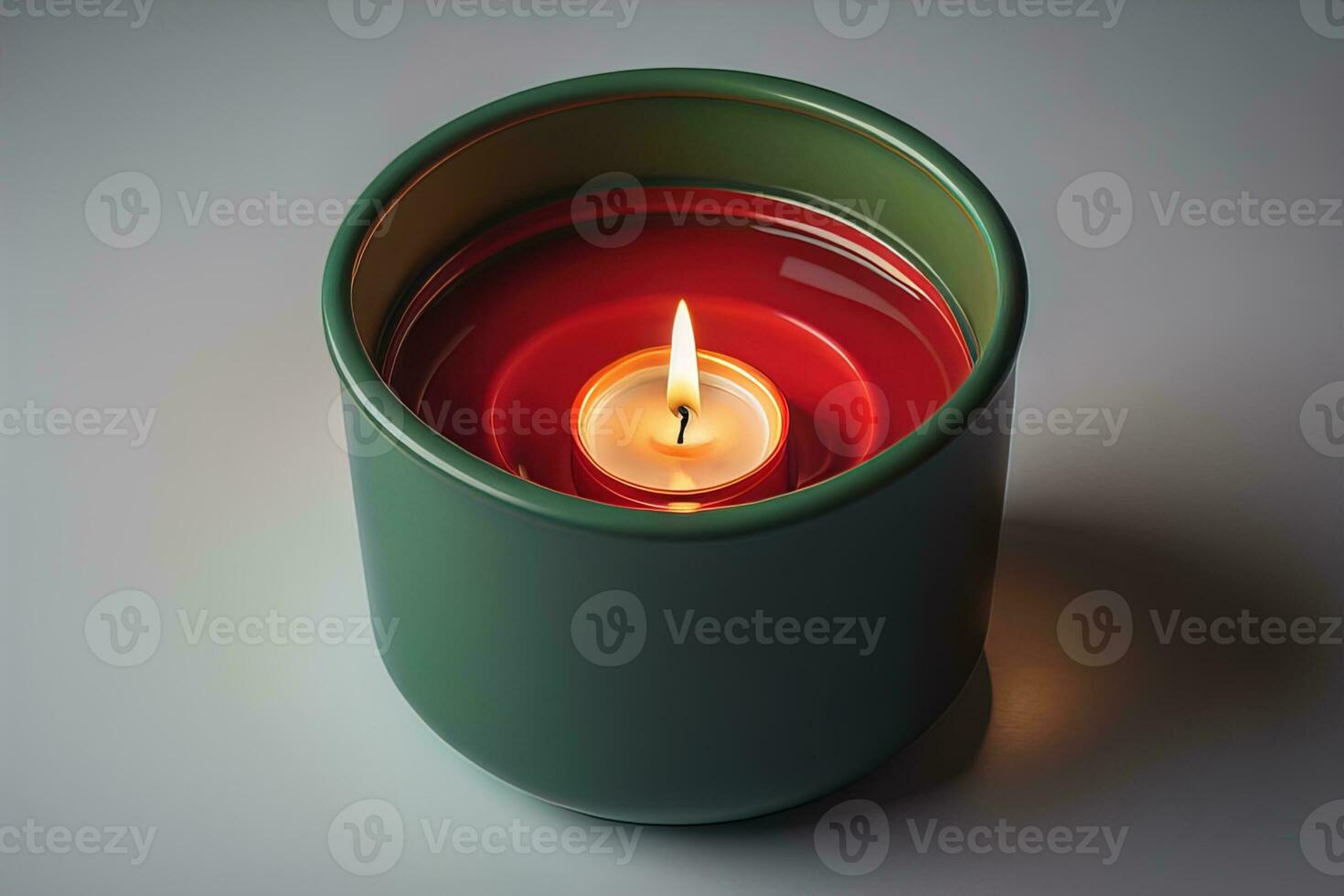 Burning aroma candle on wooden table against solid color background, copyspace. ai generative photo