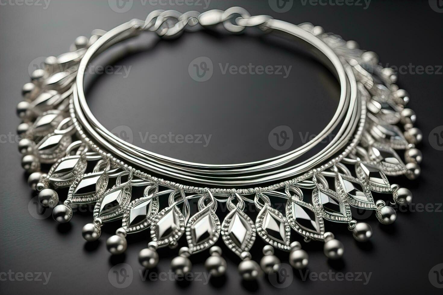 Silver necklace on a solid color background in close-up. ai generative photo
