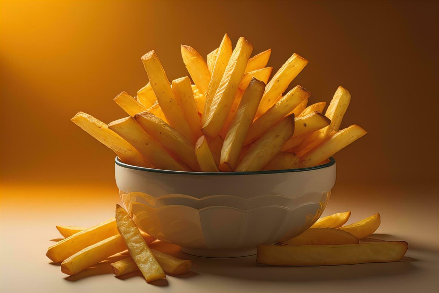 French fries in a bowl on a brown background. Close up. generative ai photo