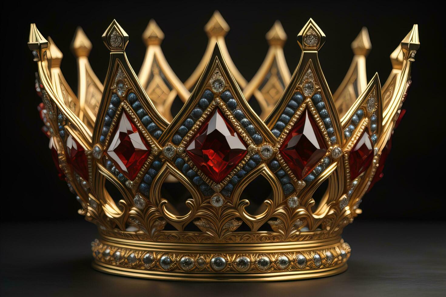 low key image of beautiful golden queen, king crown. ai generative photo