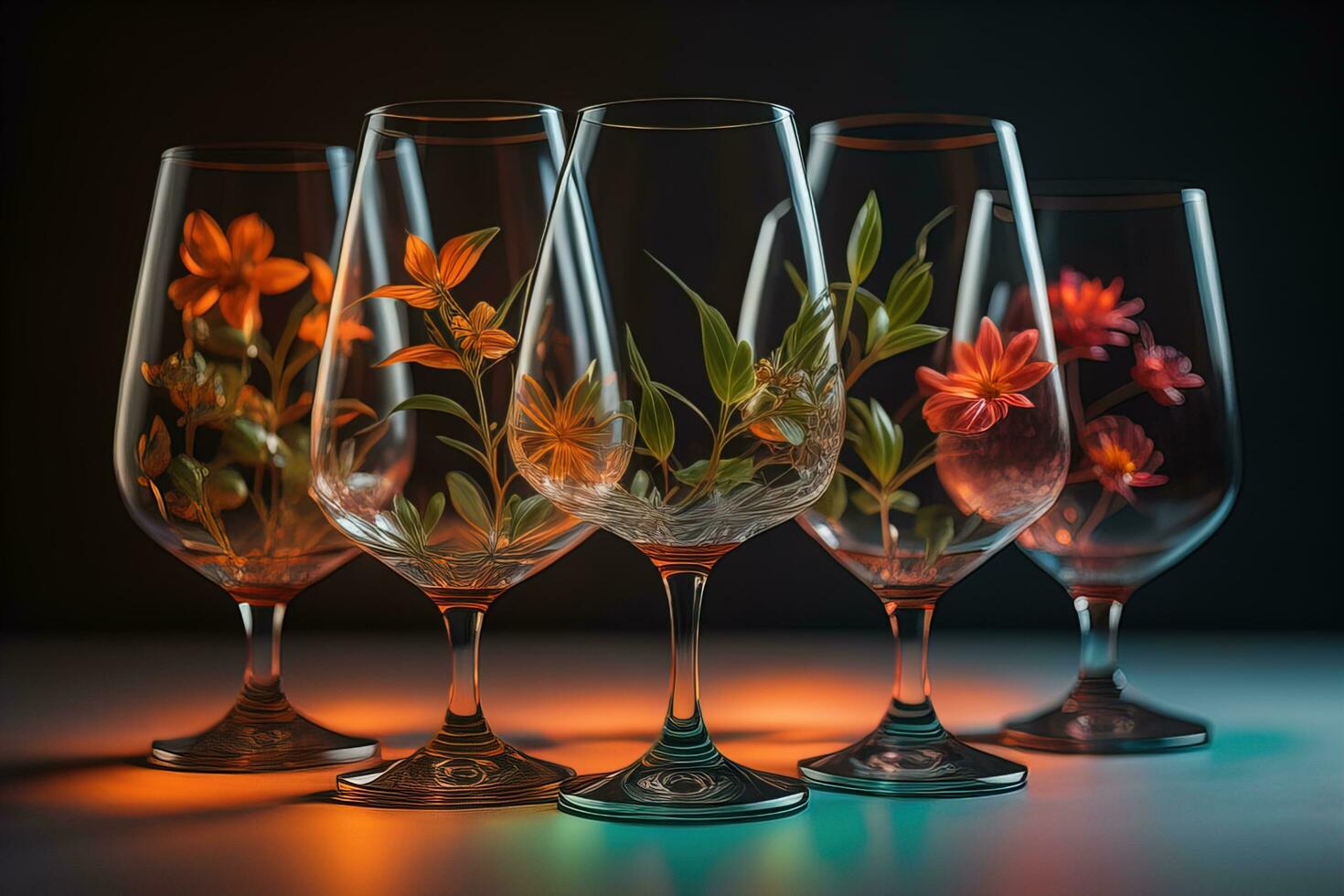 Wine glasses on a wooden table against the background. ai generative photo