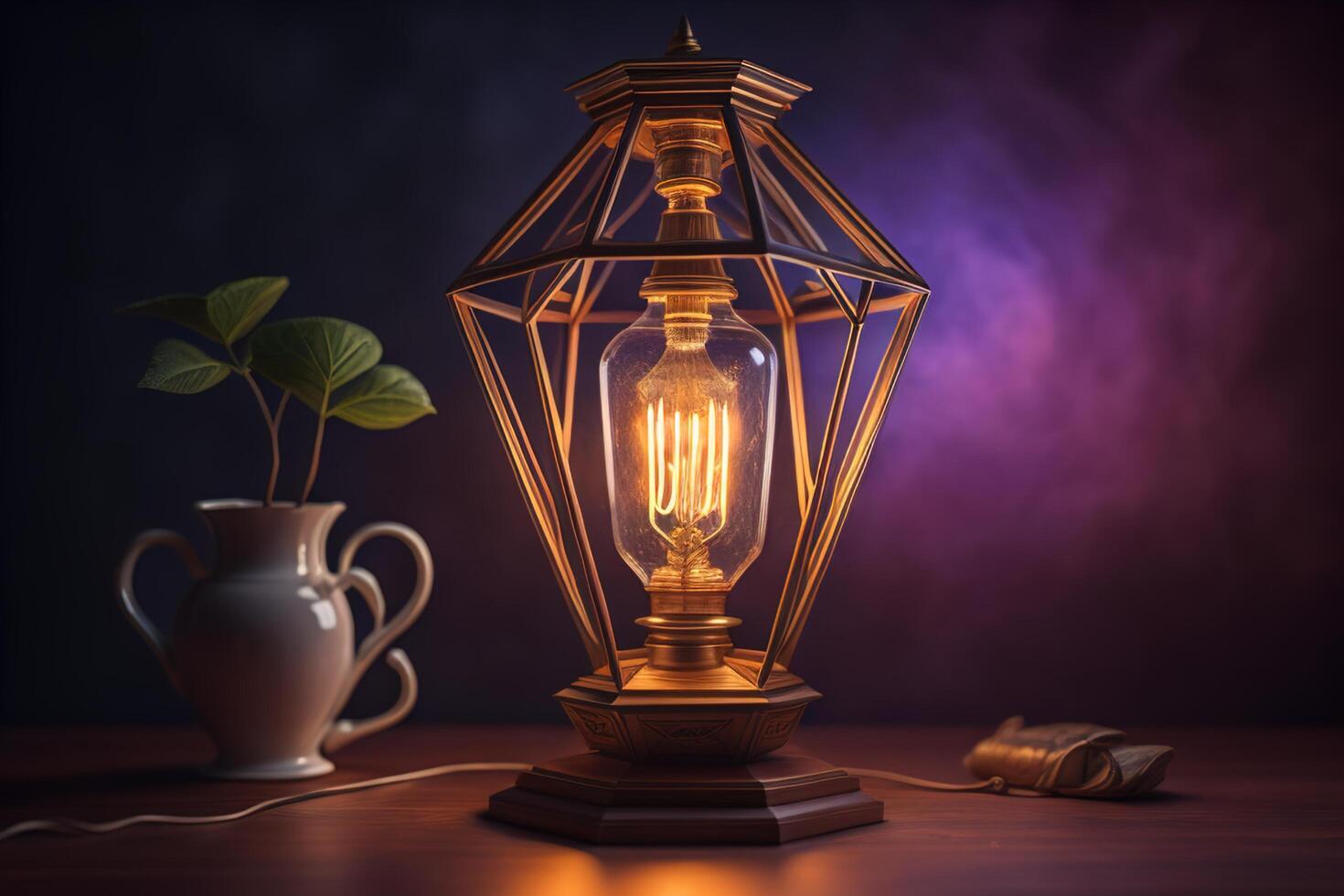 Vintage kerosene lamp on wooden table. photo