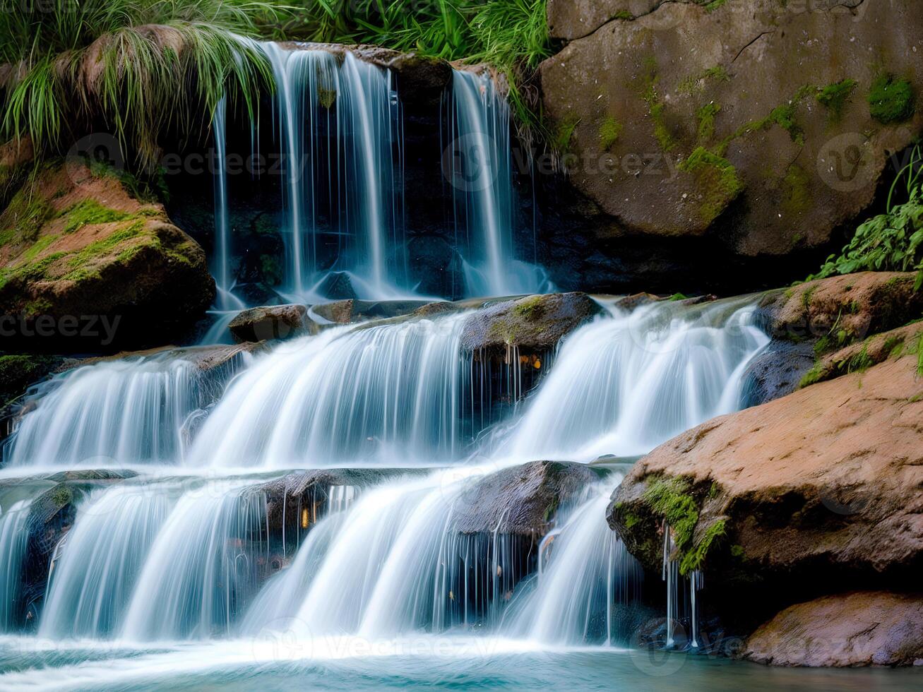 Beautiful nature landscape view of creek waterfall in the forest, photo
