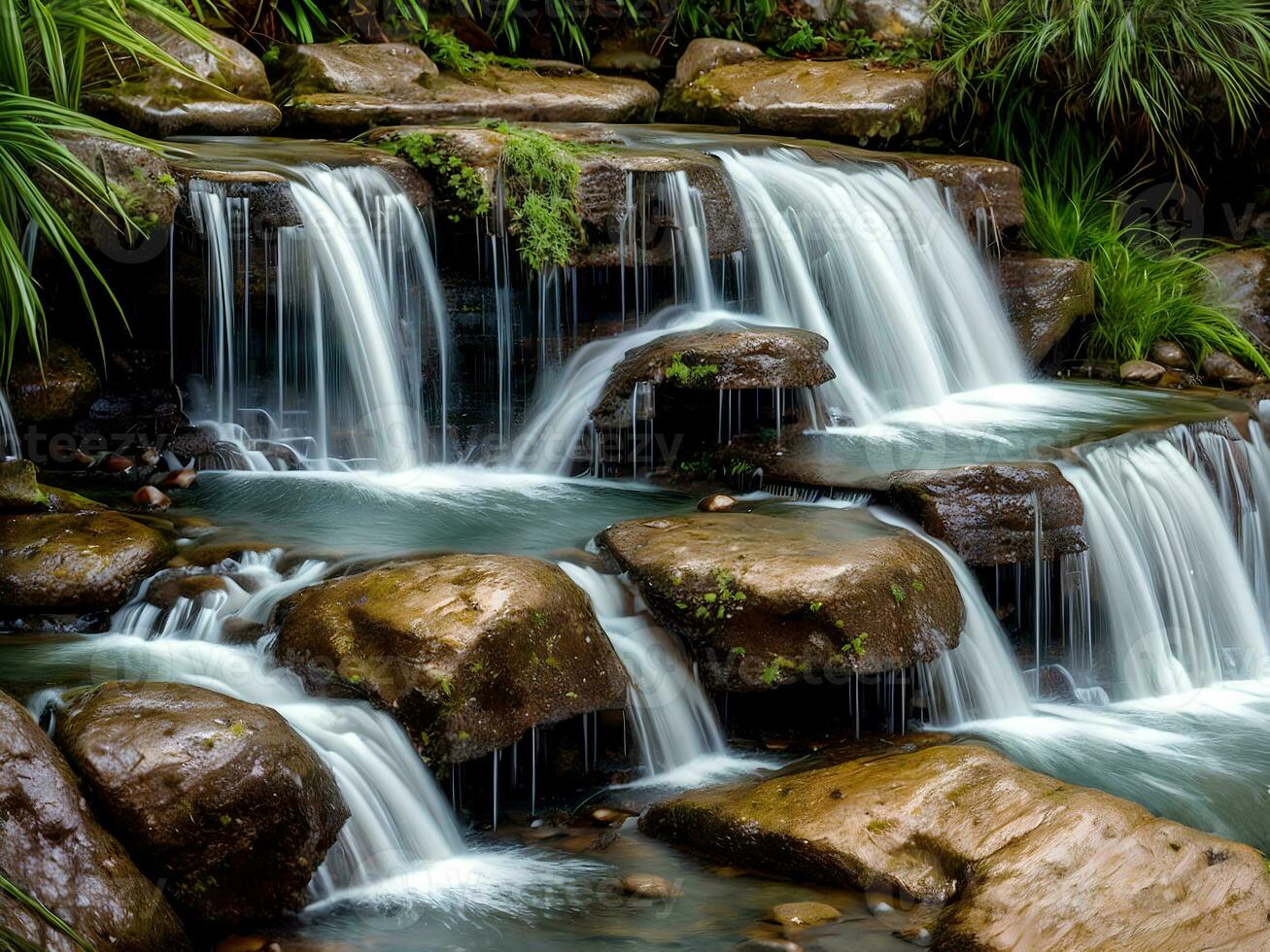 Beautiful nature landscape view of creek waterfall in the forest, AI Generative photo