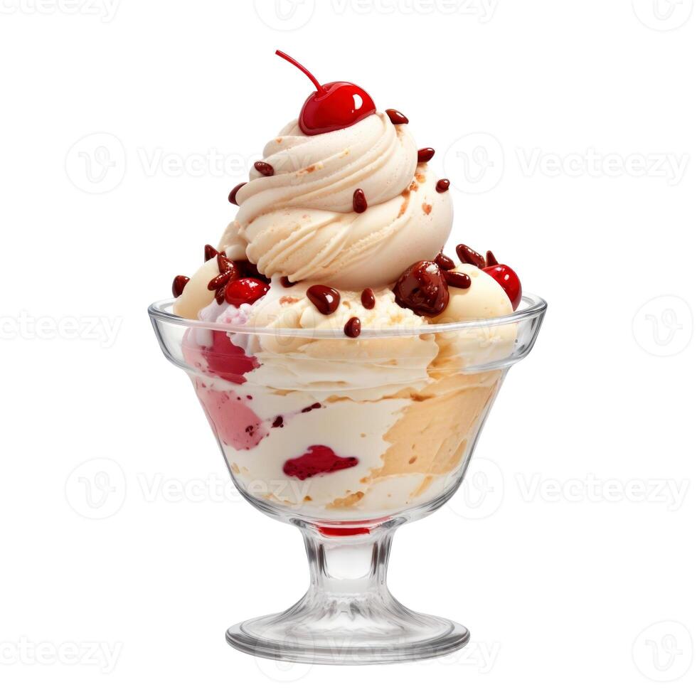 Sundae ice cream in glass bowl isolated on white background. illustration photo