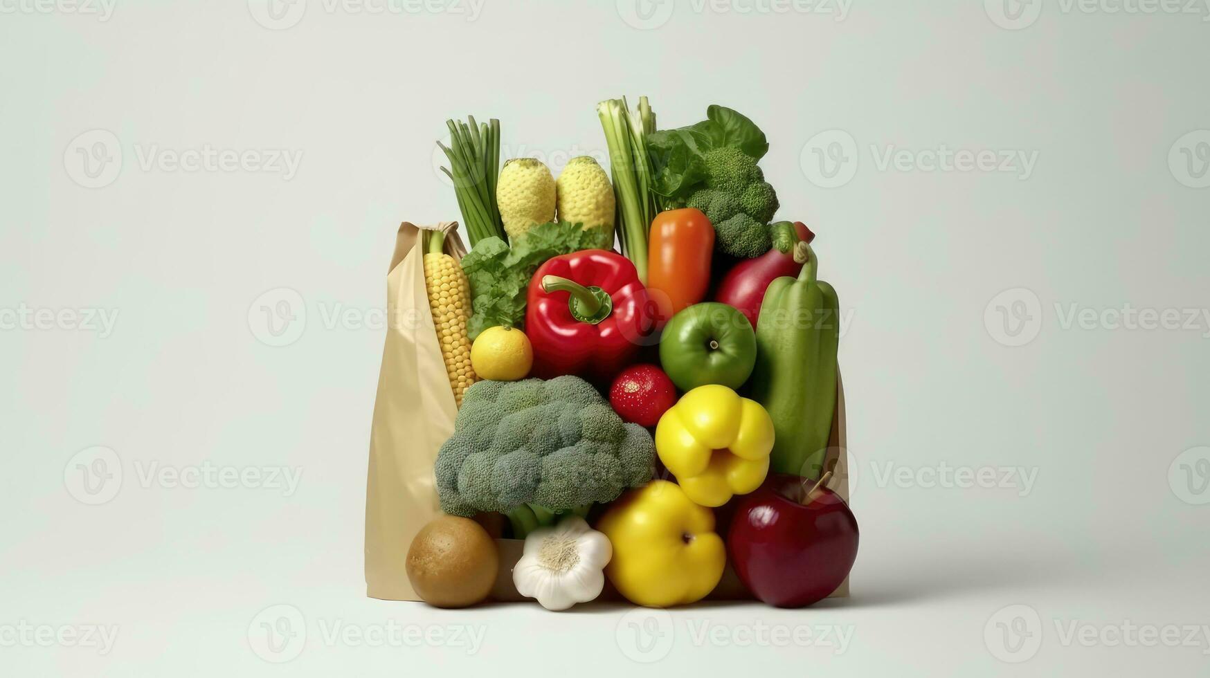 Vegan vegetables and fruits in a paper bag. Healthy, wholesome food. Vegetarianism, diet and detox. Food delivery. Buying healthy food at the grocery store. Eco products, eco food. AI Generated photo