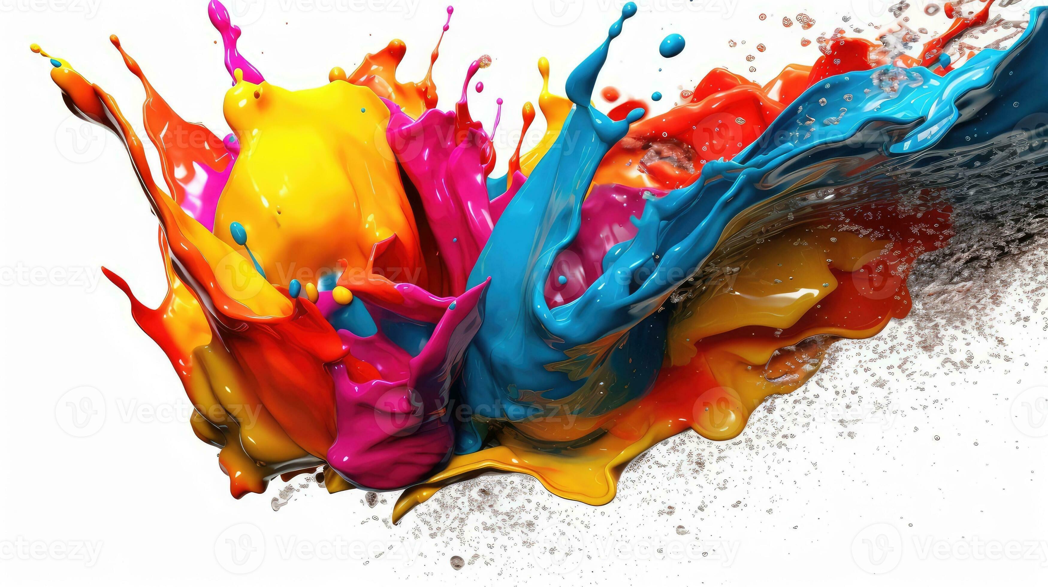 Rainbow paint splash, splashes of paint and ink with drops. Liquid