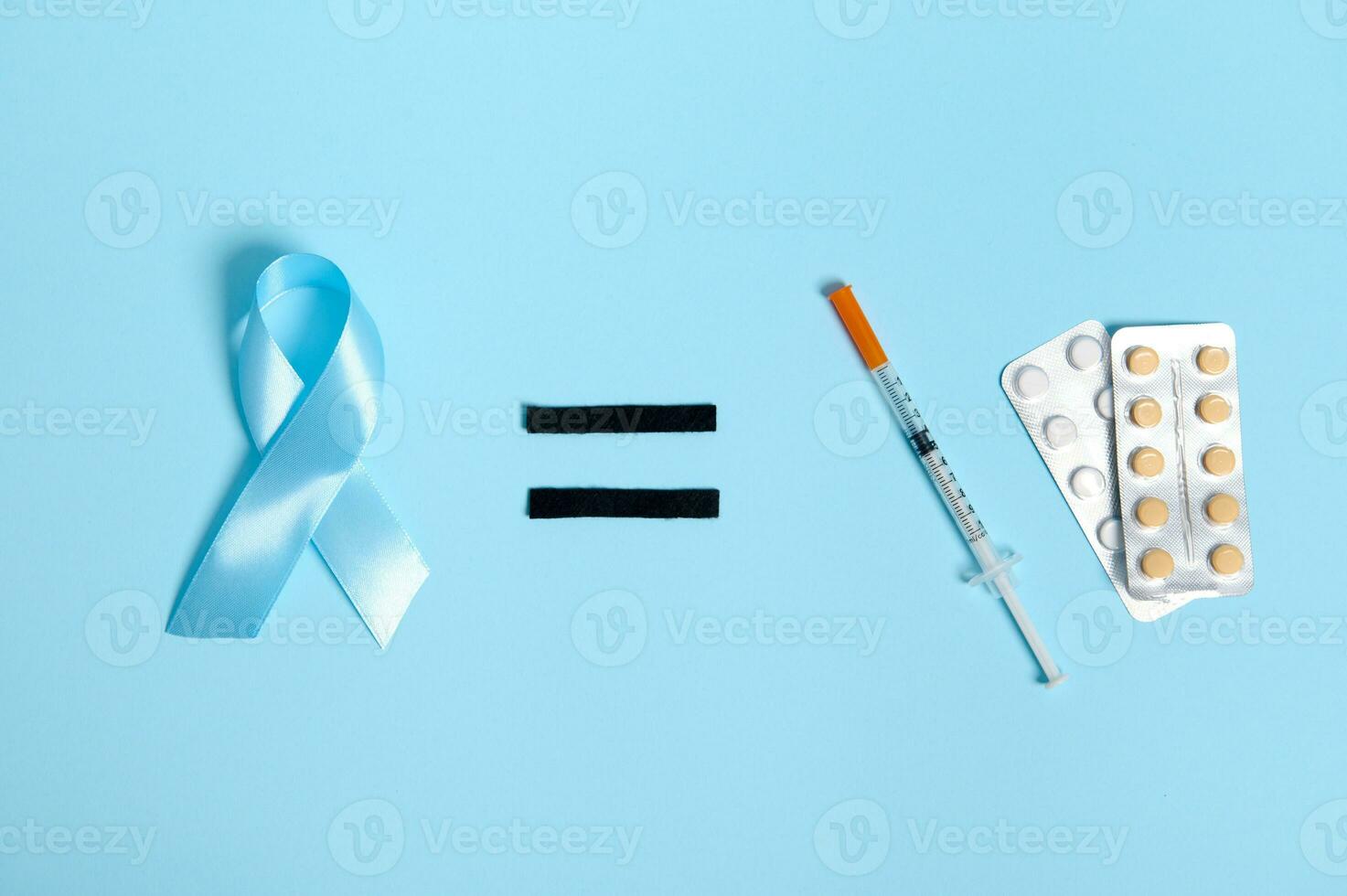 Top view of insulin syringe and blister with medical pills on blue background, equal sign and blue ribbon, symbol of World Diabetes Awareness Day. Copy space for medical advertising. 14 November photo