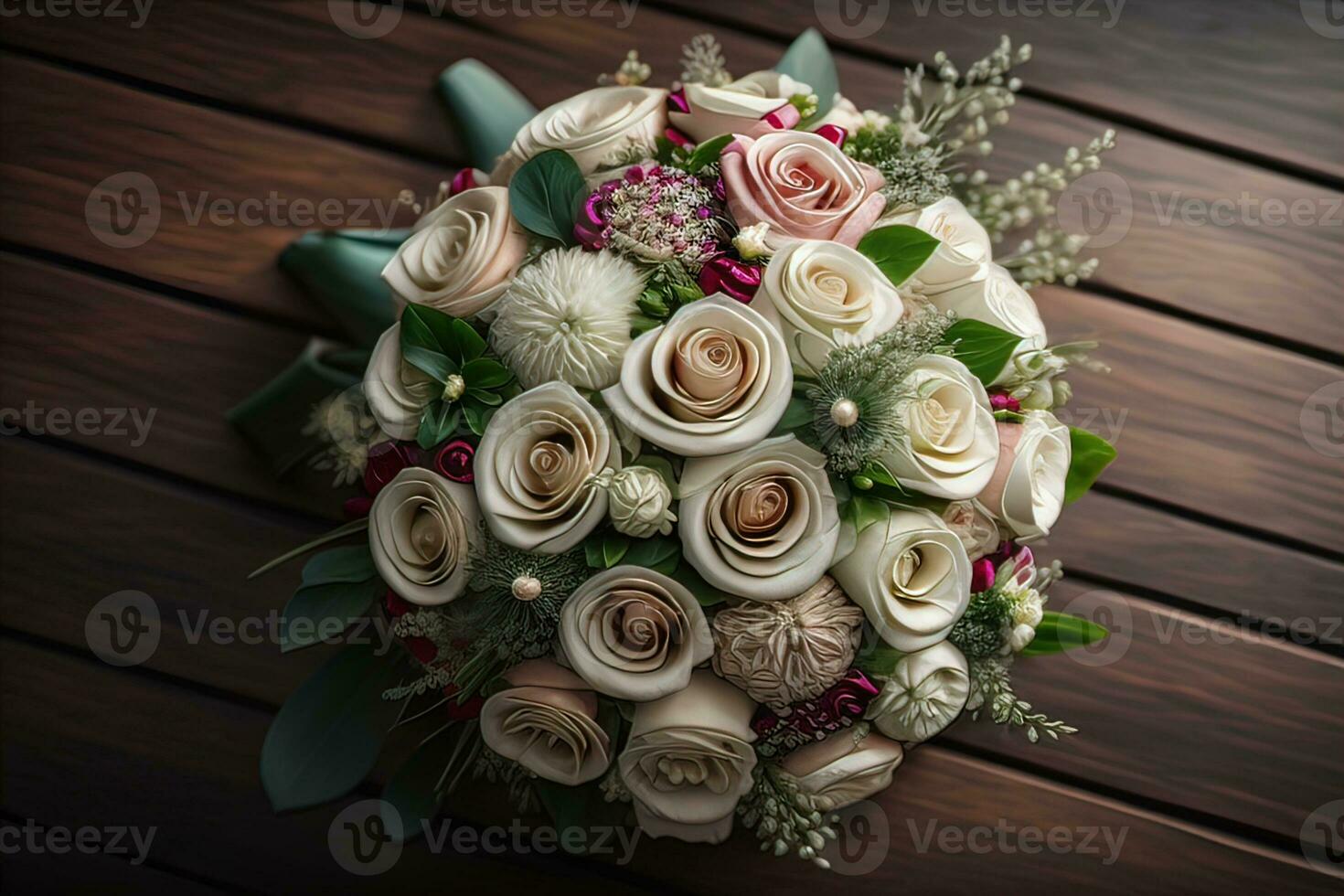 Beautiful bridal bouquet of different flowers on a dark background. ai generative photo