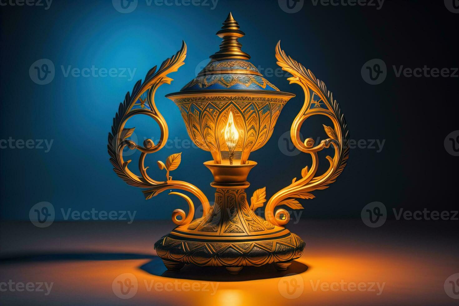 Lantern on a wooden table and a dark background. ai generative photo