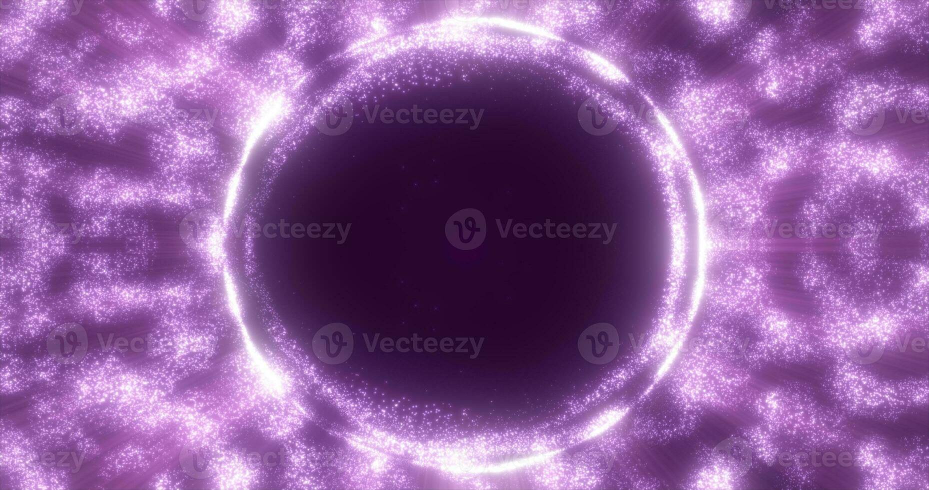 Abstract purple background from an energy blue magic ring of a round frame of glowing particles and waves of energy photo