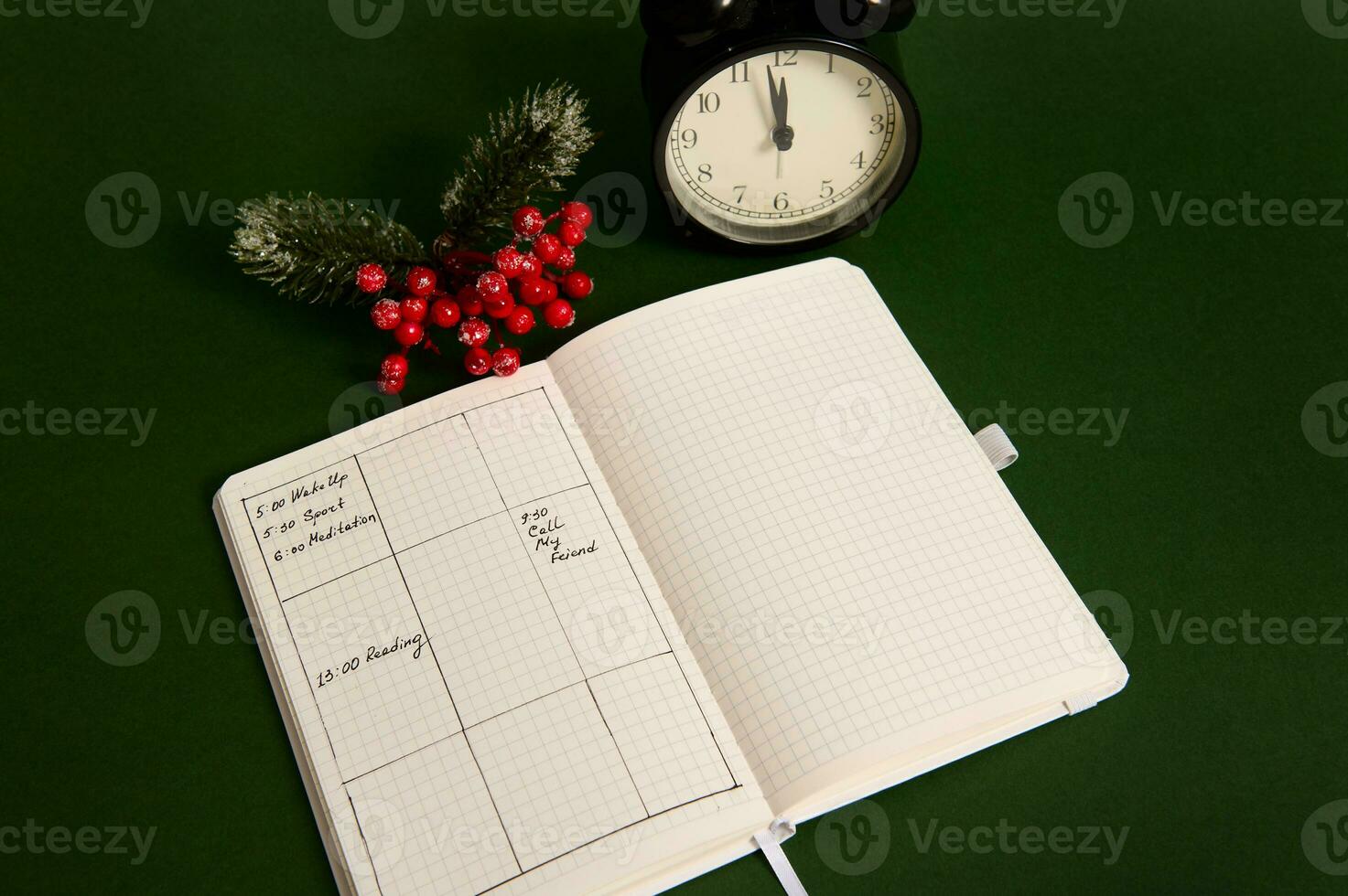 Top view of an opened page of notepad with plans for day, alarm clock and snowy branch of holly Christmas plant isolated on green background photo